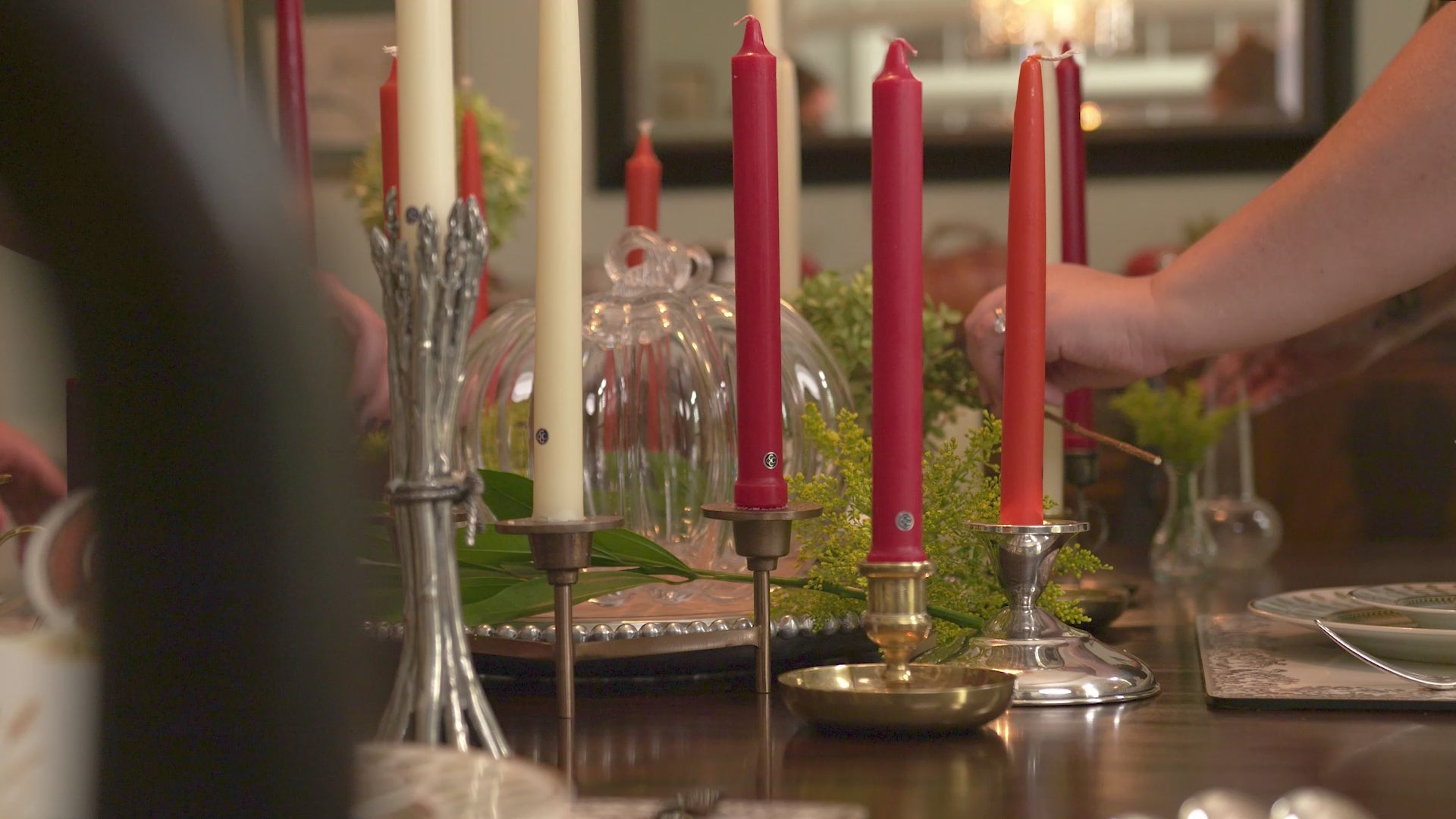 Load video: Colonial Candle seasonal tapers used for decorating dinner table with harvest decoration.